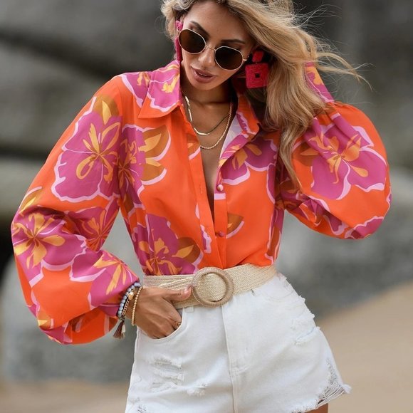 . Tops - Orange Boho Womens Floral Print Lantern Sleeve Shirt